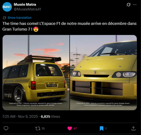 The tweet from the Matra Museum (Musée Matra) confirming as it appeared in the Yas Marina Circuit trailer, that the Renault Espace F1 which last appeared in Gran Turismo 2, will be in the Spec III update for Gran Turismo 7 in December.