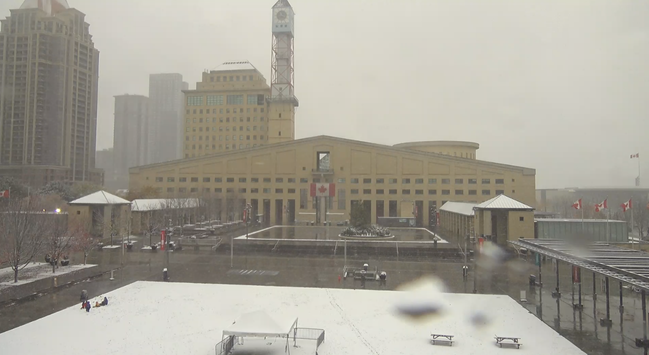 Mississauga City Hall and Celebration Square as pictured from a public webcam