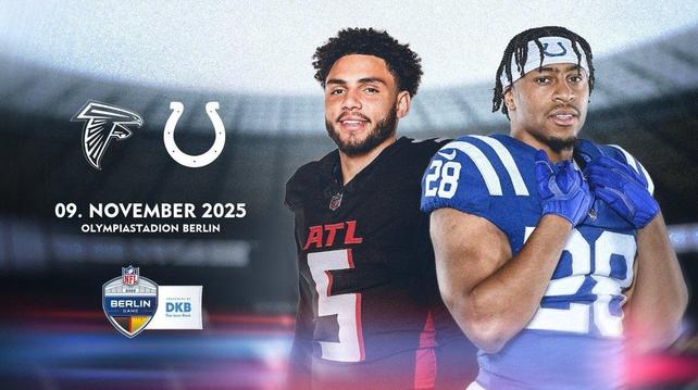 Werbebild für ein NFL-Spiel in Berlin am 9. November 2025 im Olympiastadion, mit Logos der Atlanta Falcons und Indianapolis Colts, zwei Footballspielern, und Sponsorenlogos.