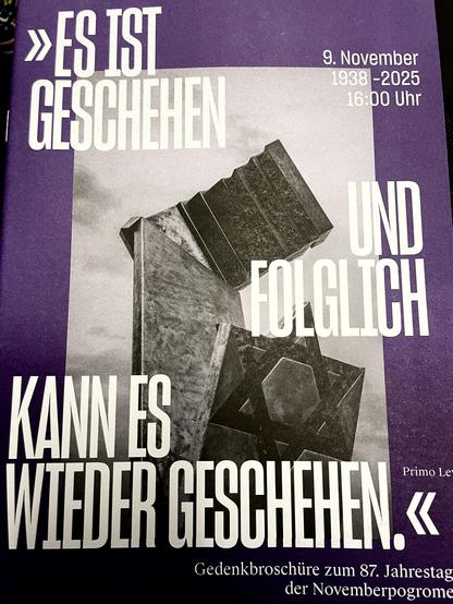 Deckblatt der Gedenkbroschüre des Bündnisses 9. November gemeinsam gedenken mit Zitat von Primo Levi.