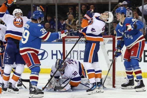 Islanders stop a Rangers goal on home ice at Madison Square Garden
