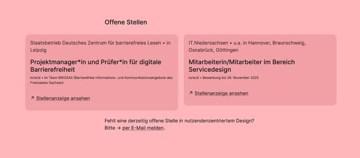 Partial screenshot of a website displaying open 2 design positions – a digital accessibility assessor in Leipzig and 2 service design roles in various cities of Lower Saxony