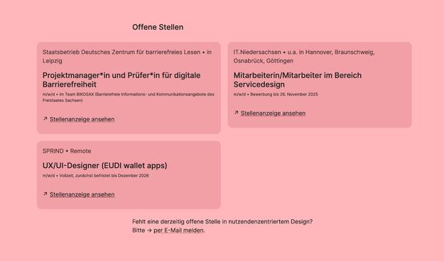 Partial screenshot of a website displaying open 3 design positions – a digital accessibility assessor in Leipzig, 2 service design roles in various cities of Lower Saxony, and a UX/UI design role for the EU digital identity wallet app remote
