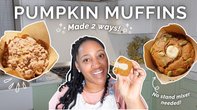 A bright, cheerful YouTube thumbnail titled "Pumpkin Muffins Made 2 Ways!" featuring a woman smiling in a kitchen while holding a halved pumpkin muffin with a cream cheese center. On the left is a pumpkin muffin topped with a crumbly streusel, and on the right is a pumpkin muffin with a cream cheese center and pumpkin seeds. Decorative white text and doodles highlight “No stand mixer needed!” and the fun, homemade nature of the video.