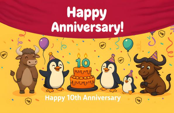 A colorful, celebratory image with cartoon animals (penguins, gnus) commemorating the 10 year anniversary.