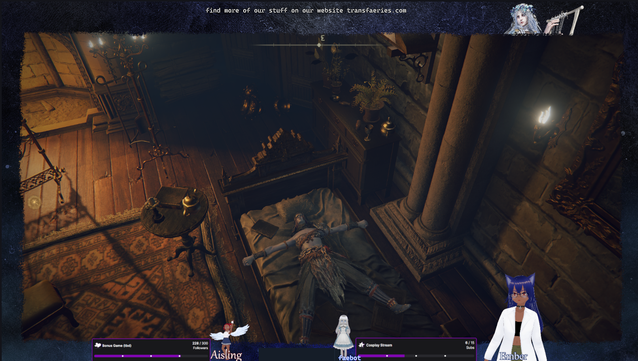 screenshot of our stream layout, our tarnished is passed out in a bed in the roundtable hold