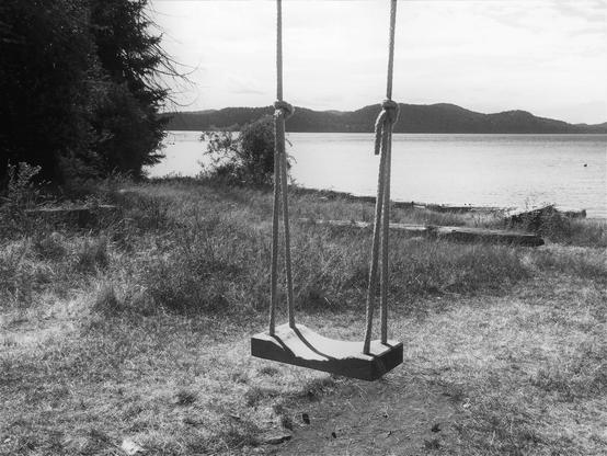 Black and white photo of a wooden swing hanging from a rope, foregrounded by grassy ground, and backgrounded by a body of water and distant hills under a cloudy sky. The swing is in the center of the frame, with the wooden seat casting a shadow. The rope is knotted to the top of the swing. The water is calm and reflects the sky. In the foreground, there is tall grass, and in the distance, a shoreline with some logs. The overall impression is serene and peaceful.