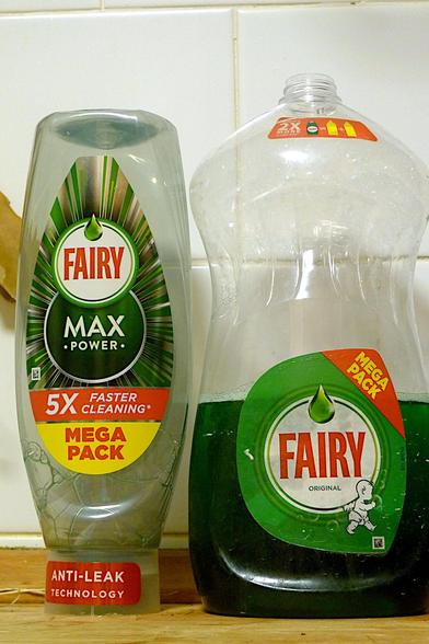 Front of the Fairy liquid bottles, new to the left, old to the right.