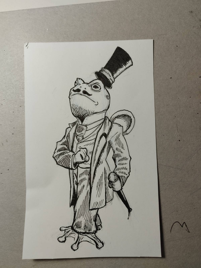 A traditional drawing with ink of a frog who has a top hat hovering of top its head. The frog as a slightly curved well catered mustache and wears bourgeois elegant clothing of the posh middle class of French. It has a very snob attitude and stance.