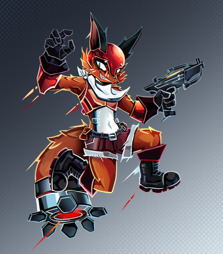 Cartoon, colorful illustration of a an anthro form of the pokemon Nickit, a fox pokemon. The character has reddish orange fur, with a white belly, and big black ears. She's wearing a red helmet, a white neckerchief, red armor on the chest and forearms, big black gloves and boots, and dark red shorts, with pouches on it. She's looking back as she's jumping in the air, while holding a crossbow. She has a big tail, with a technologic apparatus at the end, that looks like a claw with an opening in the middle.