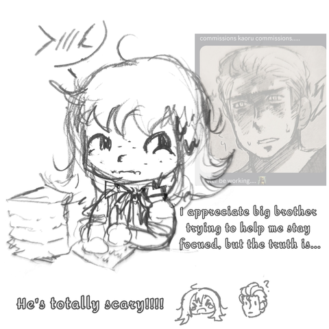 A drawing of Atrovakia filling out paperwork. There are tall stacks just beside him, evidently what he needs to be working on. He is especially disoriented and nervous. Behind him looms his brother, Germany.