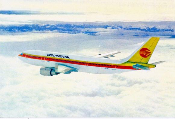 This vintage postcard showcases a Continental Airlines Airbus A300B4 soaring gracefully above a thick sea of clouds, with mountain peaks faintly visible in the distance. The aircraft is painted in Continental’s striking 1970s “Golden Tail” livery, featuring a bold yellow vertical stabilizer adorned with the airline’s iconic red globe logo. A vibrant orange and red cheatline runs the length of the fuselage, complementing the white upper body and metallic underside. The clean and modern Airbus design, with its twin underwing engines and widebody profile, reflects the early era of transcontinental and international jet travel. The aircraft registration “F-WZMU” identifies it as a manufacturer’s demonstrator used by Airbus for promotional purposes before Continental took delivery of its own fleet. This postcard likely dates from the late 1970s or early 1980s, when Continental was exploring the advantages of European-built widebody jets for its growing route network. The image captures both the technological optimism of the jet age and the distinctive branding flair that defined Continental Airlines during its colorful, transitional years.