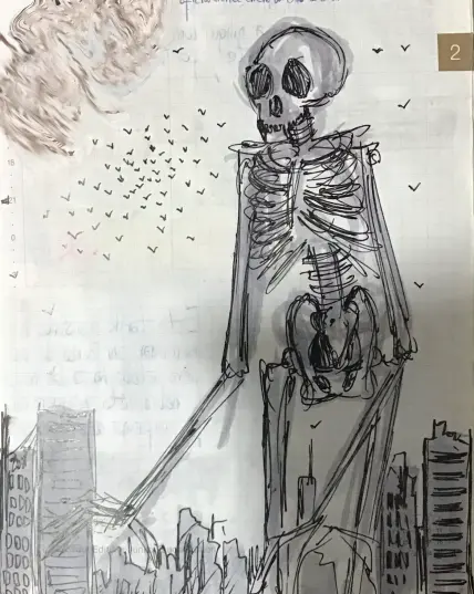 Traditional messy sketch made with black ink of a gashadokuro. Its arms are unusually long, it is missing its lower jaw and its upper jaw has fangs. Abandoned and destroyed buildings can be seen behind it. A flock of birds is flying in the distance. The background is grid paper.