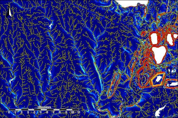 Extracted drainage network and real surface area patterns for the western part of the Inhulets Basin. Generated in SAGA GIS using the Terrain Analysis module.