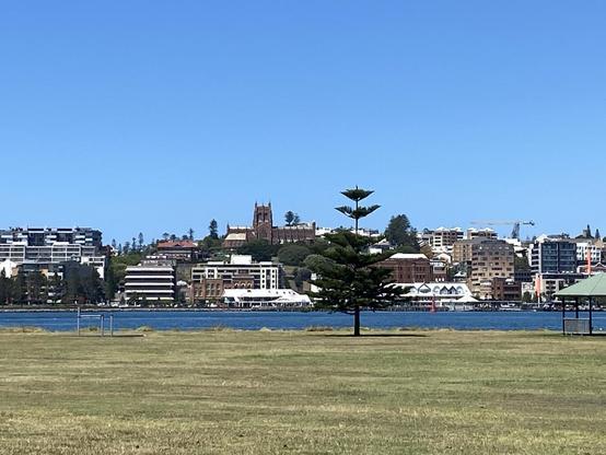 View across a grassy park at Stockton, past the harbour to the Newcastle CBD. Lots of multilevel apartment buildings going from water level up the hill. The distinctive shape of the reddish brown brick tower of Christchurch Cathedral still dominates. It looks a bit Batman mask shaped to me.