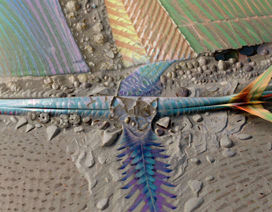 Fantasy fossil being excavated, that shows elements of both fish and feather forms, with layered metallic textures and inclusions of iridescent minerals embedded in stone.