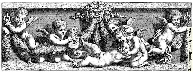 A gargoyle or grotesque head for a stone fountain with seven winged barefoot and naked boys (putti, or cherubs) being mischievous and getting into fights. Although the grotesque head here looks like a fountain spout, what actually comes out are festoons, not water, tied to rings at either end of the sculpture.

It must have been chaos in the studio, getting all these little children to be still long enough to paint them!