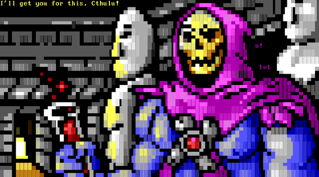 A skull-faced cowled muscleman clutches a bubbling red test tube in his blue fist from his lab inside the ancient stone temple.