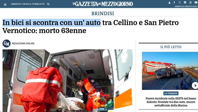Brindisi, 'in bici si scontra con un'auto', non si sa perché. Il ciclista muore, 'l'automobilista in stato di choc' [*Come i giornali e i giornalisti raccontano gli scontri stradali*]