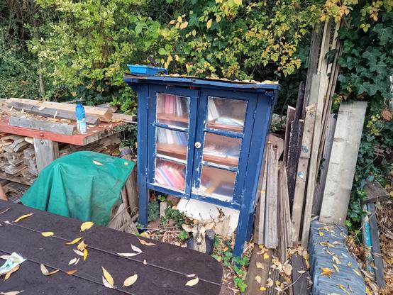 Blue three story, two-door free library. Surrounded by a tree, a garden table and wood storage.