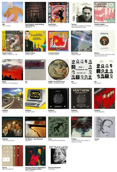 Collage des pochettes des albums de SML (How You Been), Oren Ambarchi, Johan Berthling, Andreas Werliin (Ghosted III), Bérurier Noir ("Abracadaboum!" [Edition 1983-2023]), The Cure (Standing On A Beach • The Singles (And Unavailable B-Sides)), Fantôme Josepha (Le Télescope De La Mort), Brigitte Fontaine (Brigitte Fontaine Est... Folle [2025]), Brigitte Fontaine (Genre Humain [LP]), Le Grand Couturier (Le Grand Couturier), Steve Gunn (Daylight Daylight), Katerine (Je Vous Emmerde. Rinôcerose Shaft Disco Remix Part.1&2), Kepler (Waterfall / The Dog Watcher), KG (987), Kid606 / The Remote Viewer (Kid606 / The Remote Viewer), Kim (Harold EP), Kim (Mk Land Ep), Kraftwerk (Autobahn), Kraftwerk (Computer World), Kraftwerk (Radio-Activity), Kraftwerk (Radioactivity [7"]), Kraftwerk (The Man•Machine), Kraftwerk (Trans-Europe Express), Kali Malone + Drew Mcdowall (Magnetism), Perio (The Sharp Bones Of My Sleep), Prolapse (I Wonder When They're Going To Destroy Your Face), Tortoise (Touch), Various (Below The Radar 25), Véronique Vincent & Aksak Maboul with The Honeymoon Killers (Ex-Futur Album), Anna Von Hausswolff (Iconoclasts)
