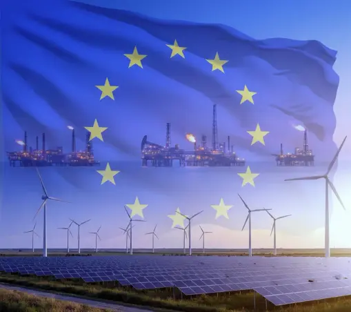 gnerata AI paesaggio energetico con le infrastrutture fossili e rinnovabili sotto la bandiera europea