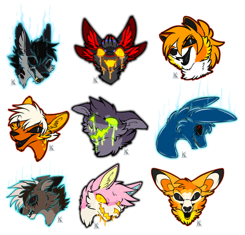 Digital art of nine different headshots in the style of hallow, candycorn, and ghost.