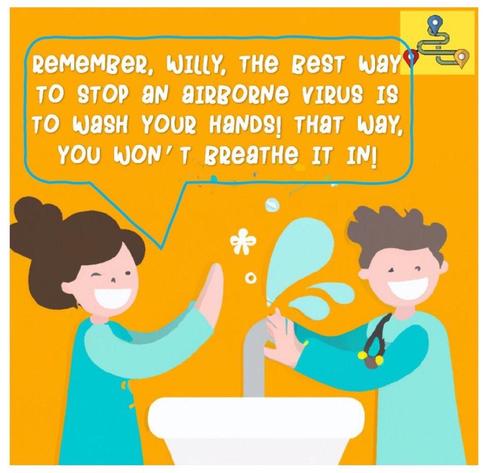 A colorful illustration showing two smiling characters, one with a stethoscope, washing their hands at a sink. A speech bubble emphasizes the importance of washing hands to prevent airborne viruses. The background is bright orange, enhancing the cheerful tone.