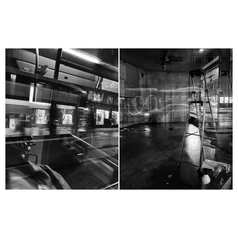 A diptych of urban scenes where one side shows a blurred shot through a bus window while moving, the other features empty store premises with a ladder and a shiny floor.