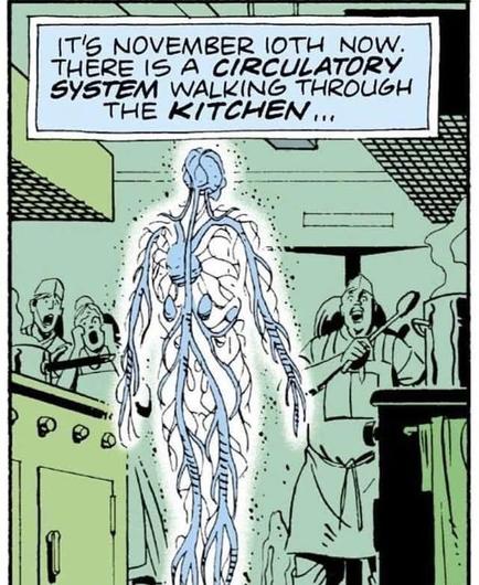 Dr Manhattan's circulatory system walking through a kitchen, from Watchmen