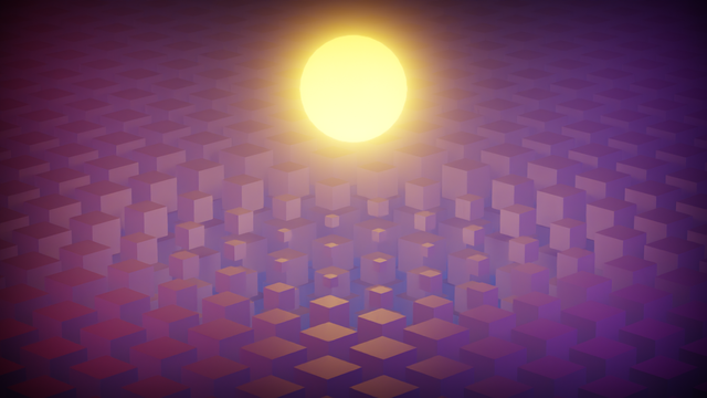 Bild einer leuchtenden, gelben Kugel über einem Feld rötlich-violett beleuchteter Würfel. Von unten scheint bläuliches Licht durch die Würfel.