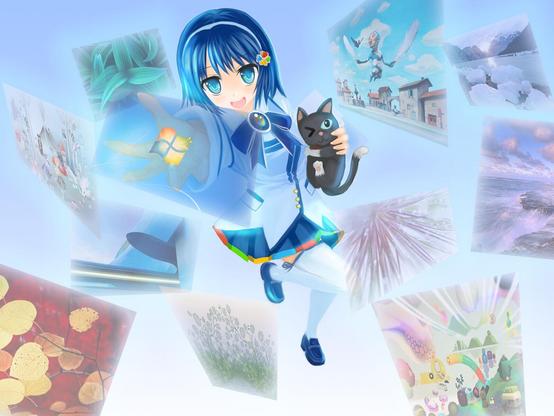 An illustration of Nanami Madobe, a character with blue hair, wearing a blue and white outfit. She is holding a black cat in her arms. Around her are various Windows 7 wallpapers including scenes of nature, abstract art, and a futuristic cityscape. Her extended hand is the Windows 7 default wallpaper