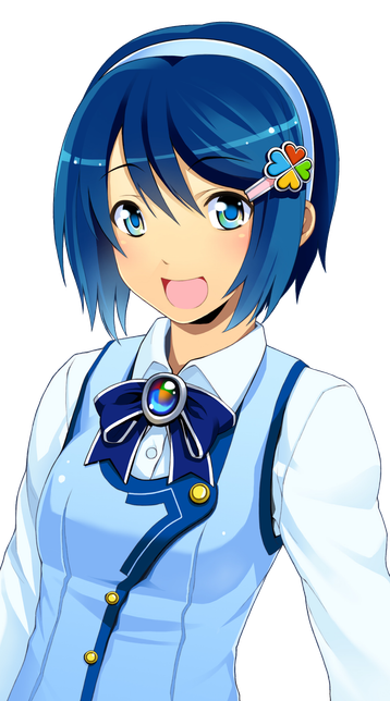 An illustration of Nanami Madobe, a character with blue hair, wearing a light blue outfit. The outfit includes a white shirt with a blue vest-like garment over it, adorned with a large blue bow at the collar. The bow has a colorful gem in the center. She also has a hair accessory with a clover design featuring four different colors: red, blue, yellow, and green. This artwork has been used in various campaigns featuring the Madobe Family and can be found on media distributed via several of these campaigns