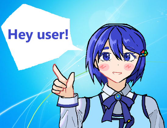 An illustration of Nanami Madobe, a character with blue hair, wearing a blue and white outfit with a bow tie pointing upwards with one hand. A speech bubble next to the character says 'Hey user!' in bold blue text. The background is a gradient of light blue with abstract lines and light effects.