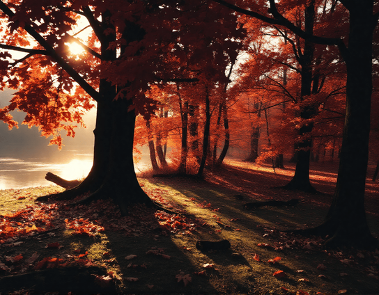A tranquil autumn forest scene bathed in golden sunlight, with vibrant red and orange foliage surrounding a gentle stream. Mist lingers in the air, and fallen leaves blanket the ground, creating a peaceful and ethereal atmosphere.
Eine ruhige herbstliche Waldszene, getaucht in goldenes Sonnenlicht. Leuchtend rote und orangefarbene Blätter schmücken die Bäume, während ein sanfter Bach durch die Mitte fließt. Nebel liegt in der Luft, und gefallenes Laub bedeckt den Boden – eine friedliche, fast märchenhafte Atmosphäre.