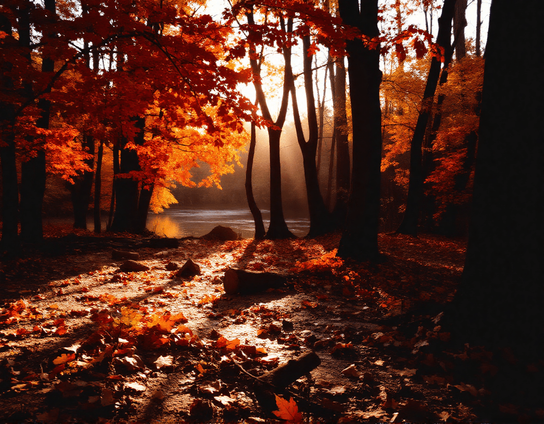 A tranquil autumn forest scene bathed in golden sunlight, with vibrant red and orange foliage surrounding a gentle stream. Mist lingers in the air, and fallen leaves blanket the ground, creating a peaceful and ethereal atmosphere.
Eine ruhige herbstliche Waldszene, getaucht in goldenes Sonnenlicht. Leuchtend rote und orangefarbene Blätter schmücken die Bäume, während ein sanfter Bach durch die Mitte fließt. Nebel liegt in der Luft, und gefallenes Laub bedeckt den Boden – eine friedliche, fast märchenhafte Atmosphäre.