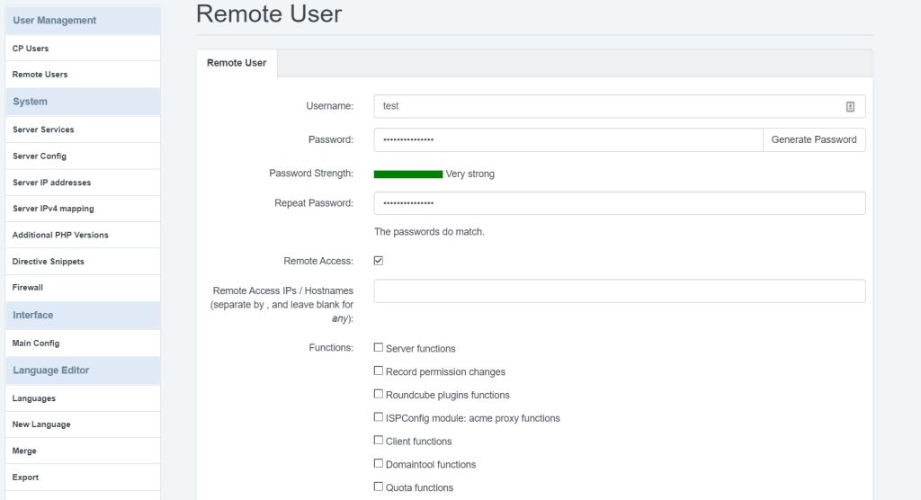 Screenshot of ispconfig panel