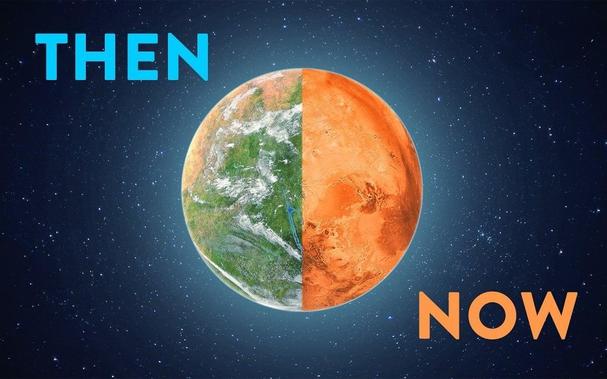 Split-view illustration showing Earth and Mars side by side with "THEN" and "NOW" labels, depicting Mars' transition from blue-green with water to its current red appearance.