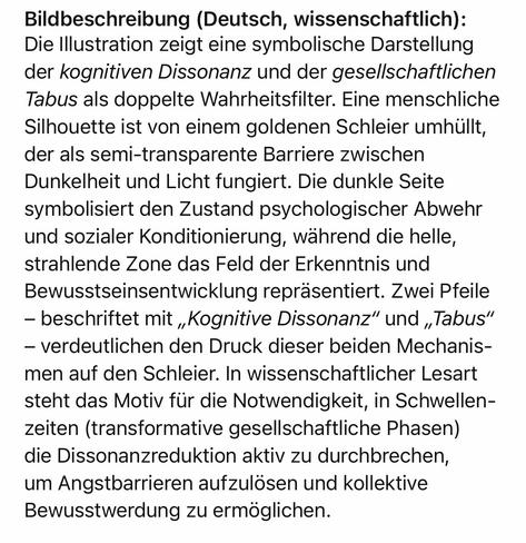 Bildbeschreibung (Deutsch, wissenschaftlich):
Die Illustration zeigt eine symbolische Darstellung der kognitiven Dissonanz und der gesellschaftlichen Tabus als doppelte Wahrheitsfilter. Eine menschliche Silhouette ist von einem goldenen Schleier umhüllt, der als semi-transparente Barriere zwischen Dunkelheit und Licht fungiert. Die dunkle Seite symbolisiert den Zustand psychologischer Abwehr und sozialer Konditionierung, während die helle, strahlende Zone das Feld der Erkenntnis und Bewusstseinsentwicklung repräsentiert. Zwei Pfeile
- beschriftet mit „Kognitive Dissonanz" und „Tabus"
- verdeutlichen den Druck dieser beiden Mechanismen auf den Schleier. In wissenschaftlicher Lesart steht das Motiv für die Notwendigkeit, in Schwellen-zeiten (transformative gesellschaftliche Phasen) die Dissonanzreduktion aktiv zu durchbrechen, um Angstbarrieren aufzulösen und kollektive Bewusstwerdung zu ermöglichen.🖖