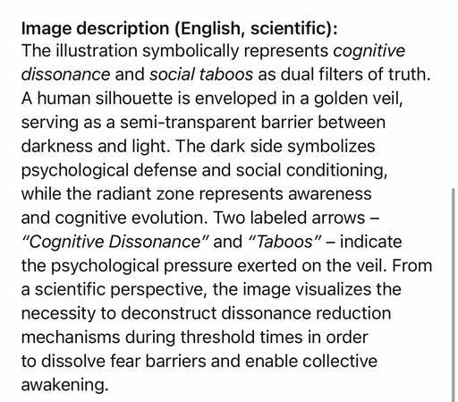 Image description (English, scientific):
The illustration symbolically represents cognitive dissonance and social taboos as dual filters of truth.
A human silhouette is enveloped in a golden veil, serving as a semi-transparent barrier between darkness and light. The dark side symbolizes psychological defense and social conditioning, while the radiant zone represents awareness and cognitive evolution. Two labeled arrows -
"Cognitive Dissonance" and "Taboos" - indicate the psychological pressure exerted on the veil. From a scientific perspective, the image visualizes the necessity to deconstruct dissonance reduction mechanisms during threshold times in order to dissolve fear barriers and enable collective awakening.🖖