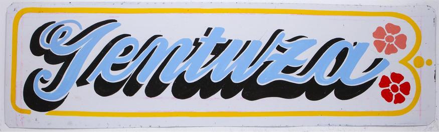 Wide-format hand-painted panel lettered with the word Jentuza