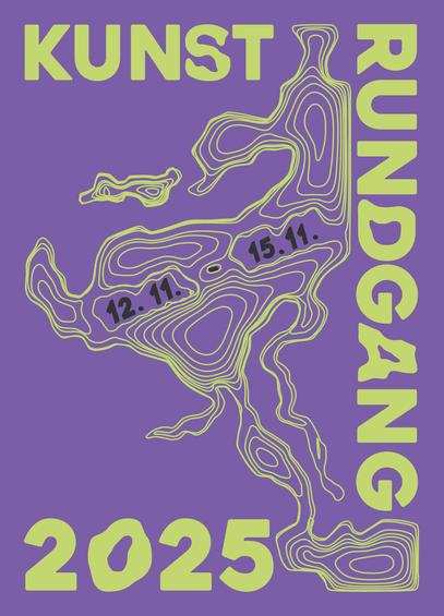 Plakat des Rundgangs Kunst 2025: Grüne Schrift auf lila Grund