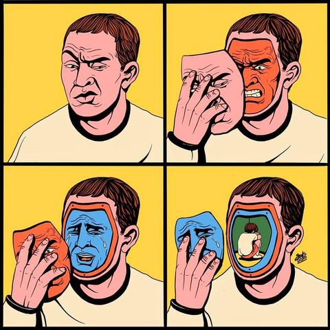 opera con 4 vignette
1: un uomo che mostra indifferenza e disprezzo
2: lo stesso uomo si toglie la "maschera" di indifferenza e disprezzo, svelando un espressione rabbiosa
3: lo stesso uomo si toglie anche la "maschera" rabbiosa, svelando un'espressione di tristezza
4: lo stesso uomo si toglie la "maschera" triste, rivelando l'immagine di un bambino di schiena accoccolato in un angolo