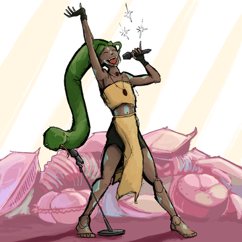 An effeminate performer singing a duet with his snake hair. There is a pile of pillows in the background.