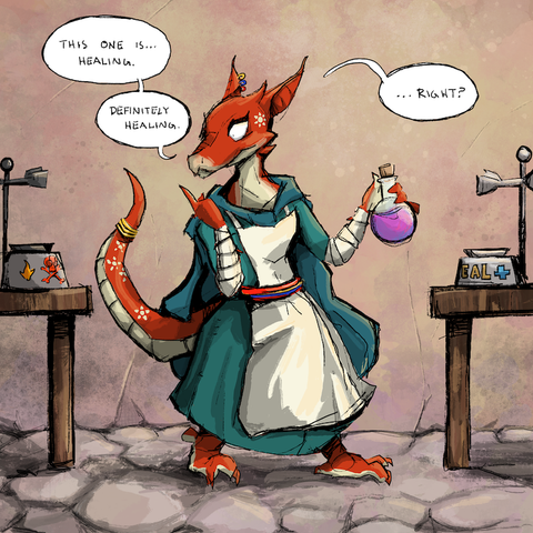 a kobold holding a potion and saying, "this one is... healing. Definitely healing ...Right?"

There are two possible stands for the potion - one is labelled heal and the other has a skull and crossbones and fire.