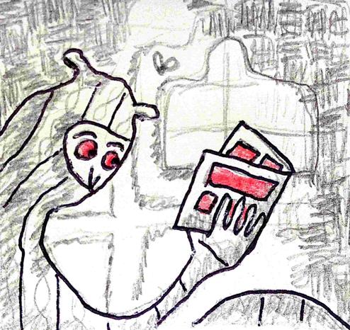 Gribouillis d'un personnage emmitouflé lisant.