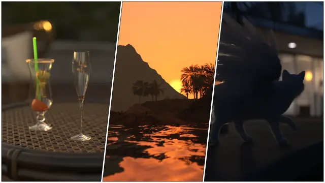 A triptych. The first scene shows a finished mai tai and champagne glass on an outdoor rattan table, lit by dim, sunset light. The second scene shows an orange sun setting behind a volcanic slope, with palm silhouettes and reflections in rippling water. The third shows a fluffy white cat with wings creeping around in the dim evening light, looking back at a lit house.