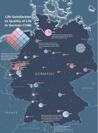 A map of Germany indicating the life satisfaction versus objective quality of life in 40 German cities. Munich stands out with high quality of life and an unhappy population, while Oberhausen stands out as a city under objective pressure where people are actually quite happy.