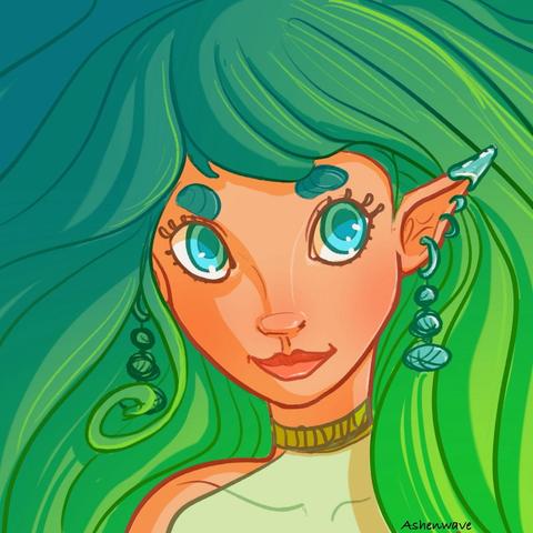 Profile pic illustration. A digital portrait in bright colors of a young woman with long green hair and pointy elf ears. Her ears are adorned with silver earrings.