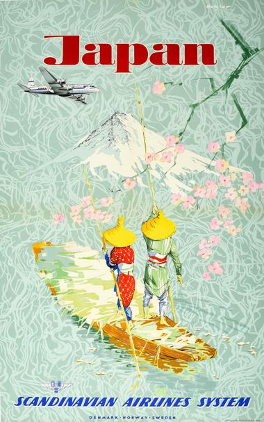 This vibrant 1953 travel poster for Scandinavian Airlines System (SAS), designed by Kurt Netzler, captures the romantic allure of postwar Japan through a harmonious blend of aviation modernity and traditional culture. The composition features two figures dressed in colorful kimonos and straw hats, standing on a wooden raft as they pole gently across stylized waters. Above them, delicate cherry blossoms drift across the scene, framing the snow-capped peak of Mount Fuji—a timeless emblem of Japan’s natural beauty.

Dominating the upper portion of the poster is the bold red word “Japan”, its striking typography contrasting with the cool, swirling mint-green background that evokes motion and water currents. In the upper left, an SAS Douglas DC-6 aircraft glides smoothly through the sky, symbolizing the connection between Scandinavia and the Far East—a feat of modern air travel in the early jet age.

At the bottom, the airline’s name, “Scandinavian Airlines System”, appears in a sleek blue font alongside the countries it represents: Denmark, Norway, and Sweden. The overall design juxtaposes serenity and adventure, tradition and progress. Netzler’s artistry captures SAS’s mid-century spirit of exploration, inviting travelers to experience Japan’s elegance, culture, and scenic wonder through the lens of international travel’s golden era.